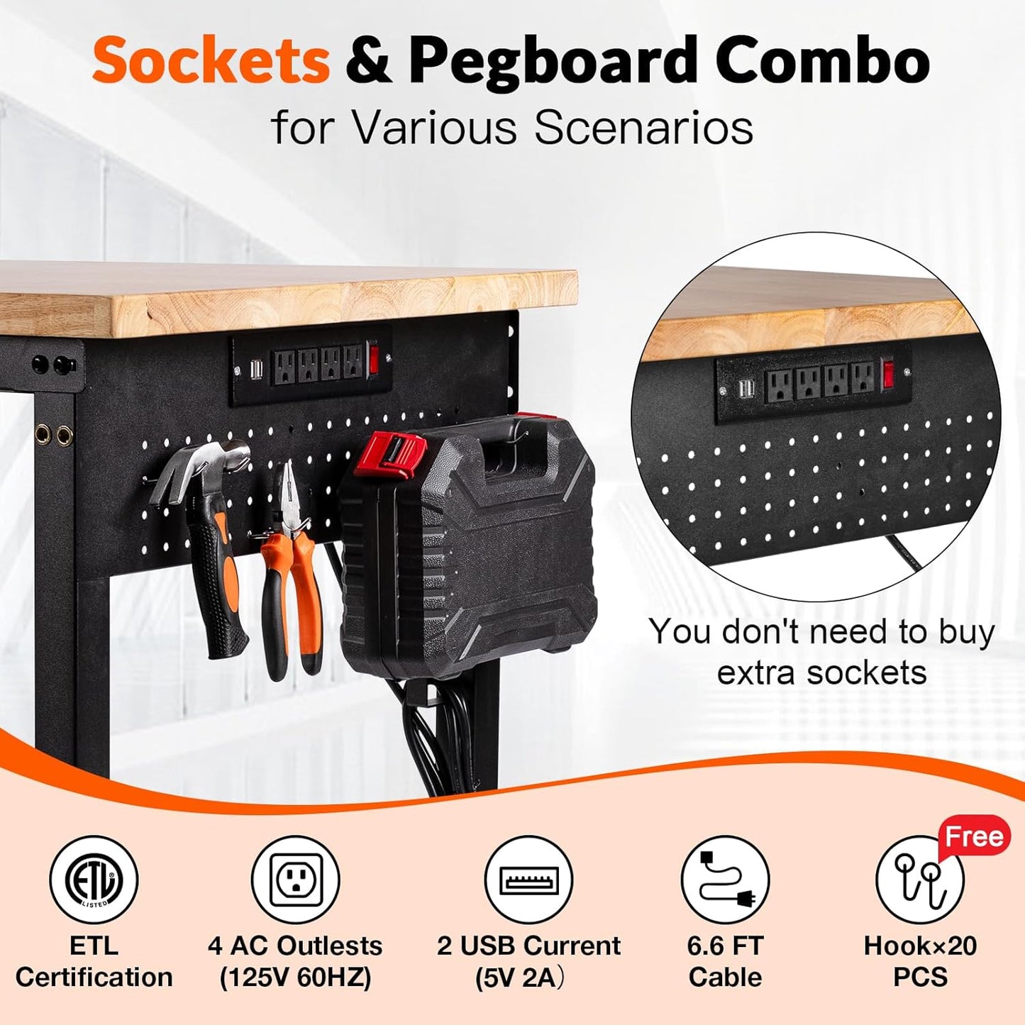 Adjustable Height Workbench, Heavy Duty Table Rubber Wood Workstation with Power Outlet & Pegboard for Garage, Office, Workshop, Home,Commercial (60"×22"|Shelf)