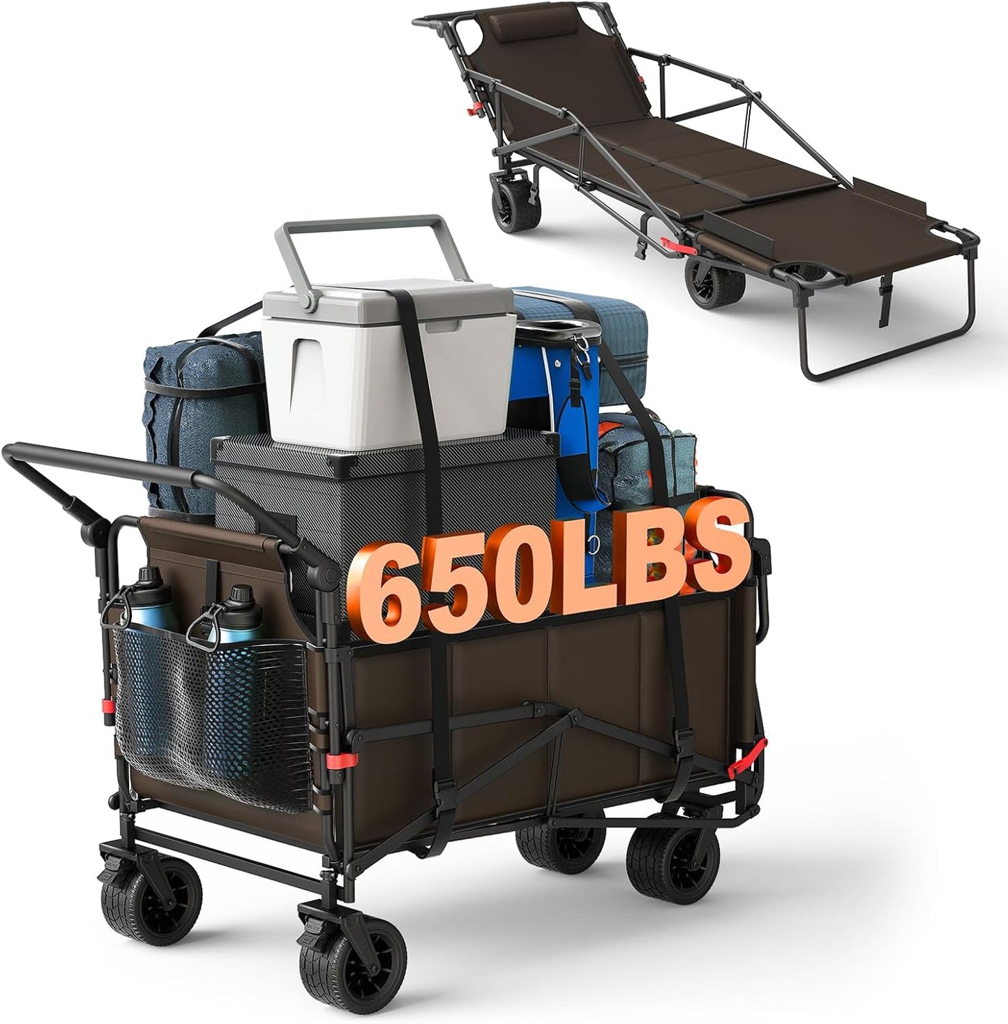 LEVELEVE Heavy Duty Folding Wagon - 2-in-1 Collapsible Cart, 650lb Capacity, All-Terrain Wheels w/Brakes & Side Pockets (Brown)