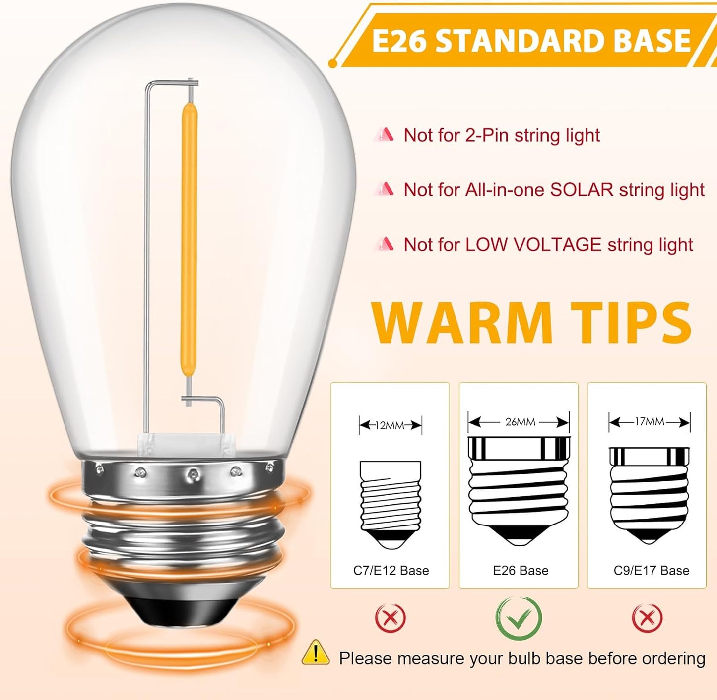 24 Pack LED S14 Replacement Light Bulbs, Waterproof 1W Vintage Edison Bulbs for Outdoor Patio Backyard String Lights, Dimmable, E26 Regular Medium Screw Base, 2200K Warm White