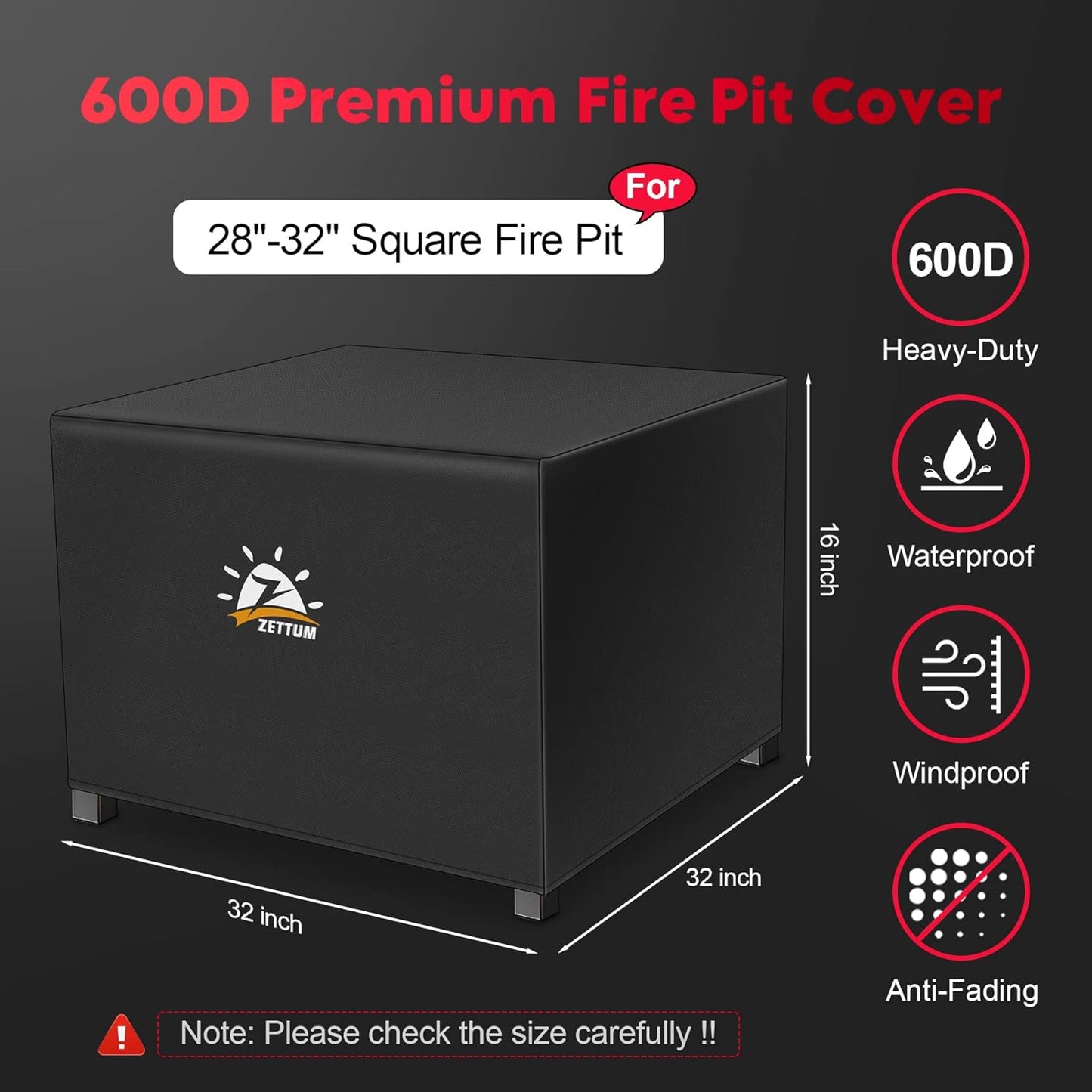 Fire Pit Cover Square 32 Inch - Outdoor Firepit Cover Heavy Duty & Waterproof, 600D Patio Fire Table Cover Gas Fire Pit Accessories Fit 32" Yaheetech Firepit - 32 x 32 x 16 Inch