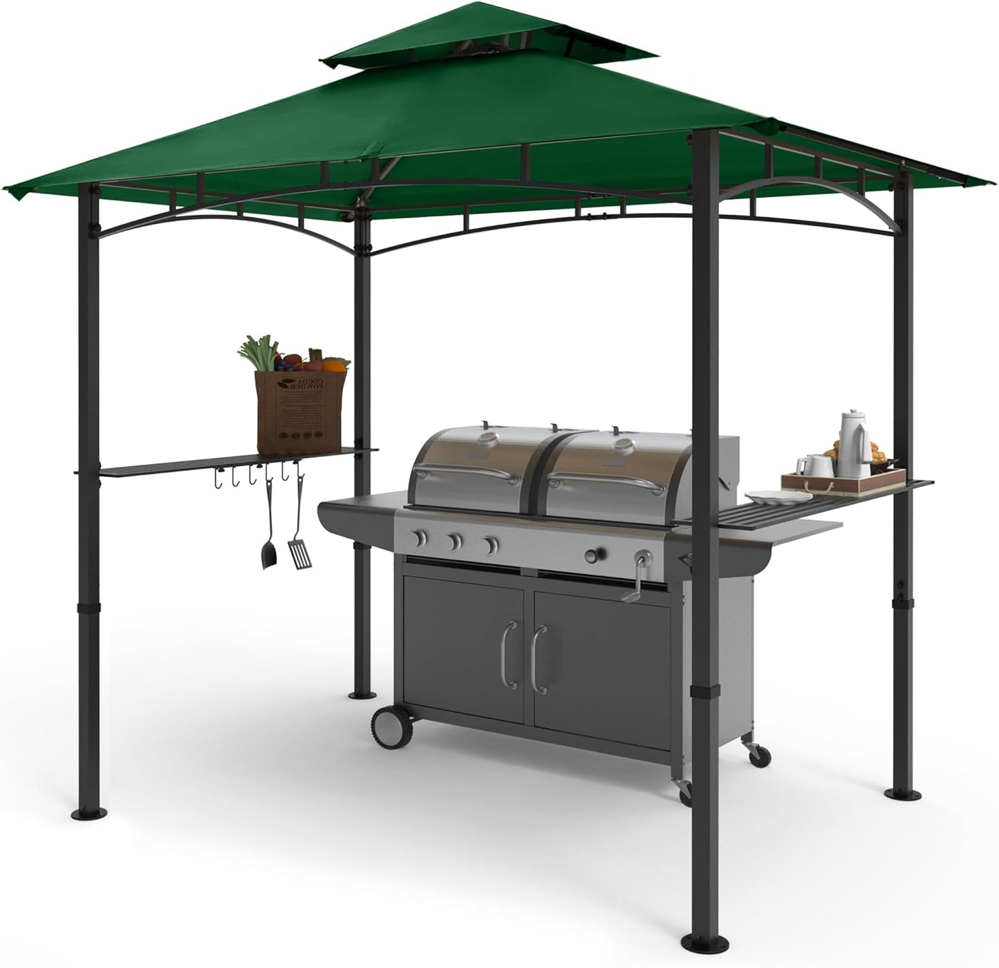 COOSHADE 8'x 5' Grill Gazebo Double Tiered Outdoor BBQ Gazebo Canopy with LED Light (Forest Green)