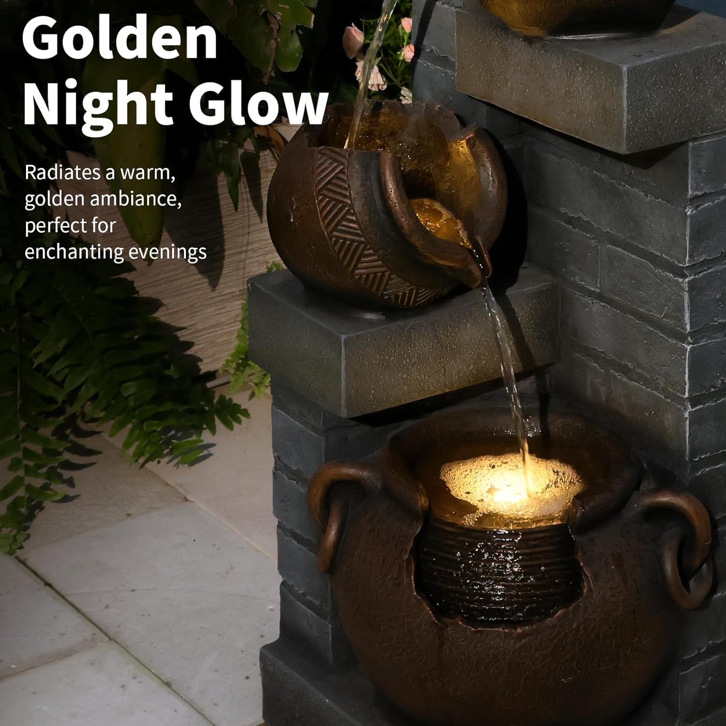 Water Fountain Outdoor 4-Tiers Cascading Realistic Bowls Waterfall Clay Pot Design Outdoor Fountain Resin Imitation Wood with LED Lights for Garden, Patio, Porch 42" H