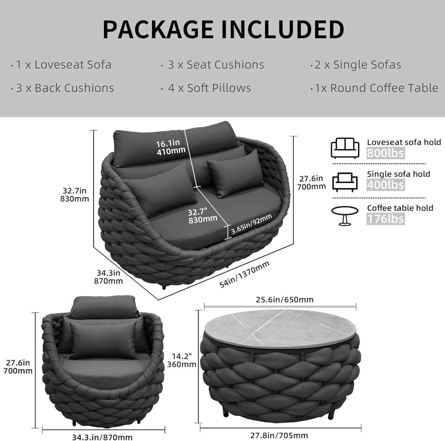 TWT Patio Furniture Set 4 Pieces Aluminum Outdoor Furniture w/27.8in Coffee Table,Patio Conversation Set with Hand Woven Polyester Rope for Backyard Garden Poolside,Dark Gray