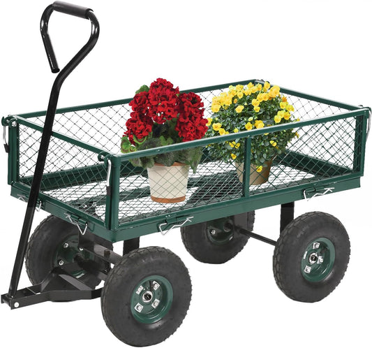 PayLessHere Heavy Duty 500 Lbs Capacity Mesh Steel Garden Cart Folding Utility Wagon with Removable Sides for Beach Lawn Yard Landscape