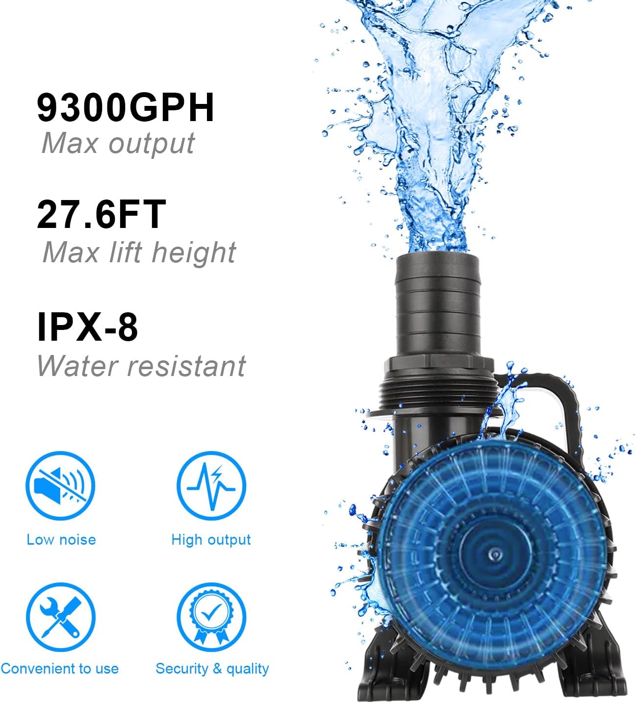 OYO WATER Outdoor Large 9300gph-620W 32.8FT Pond Water-fall & Kio Fish Fountain-s &Garden Pump Submersible IPX8: Long 32.8FT Cord Smart-er & Quieter Duck & Yard &Patio Ponds Pumps, 1 Barrier Pump Bag
