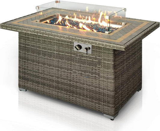 SereneLife Outdoor Propane Fire Pit Table 50000 BTU with Auto Ignition, Glass Wind Guard, Mosaic Tile Top, Clear Glass Rocks, and Weather-Resistant Design for Patio or Backyard