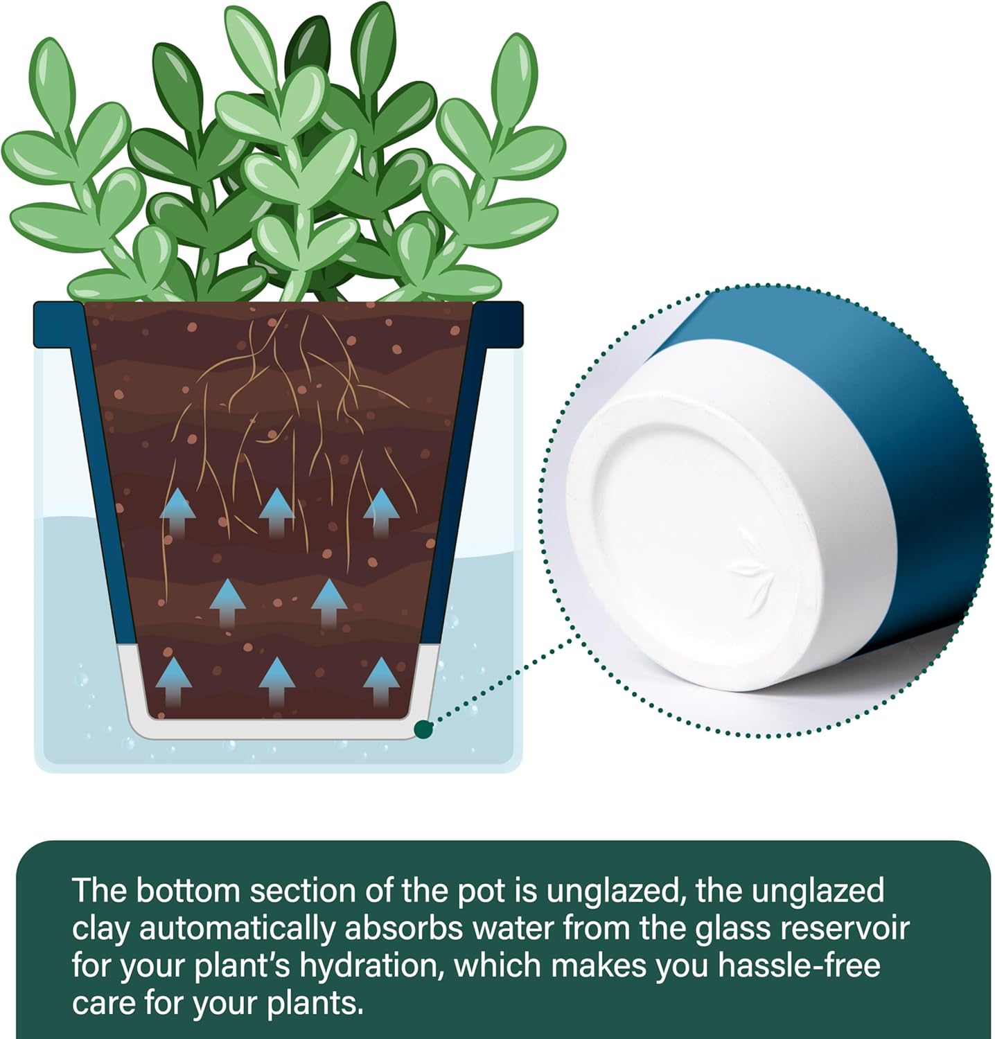 D'vine Dev 4 Inch Design Self Watering Planter for Indoor Plants, Blue Terracotta Pot with Cylinder Glass Cup, 37-X-A-4