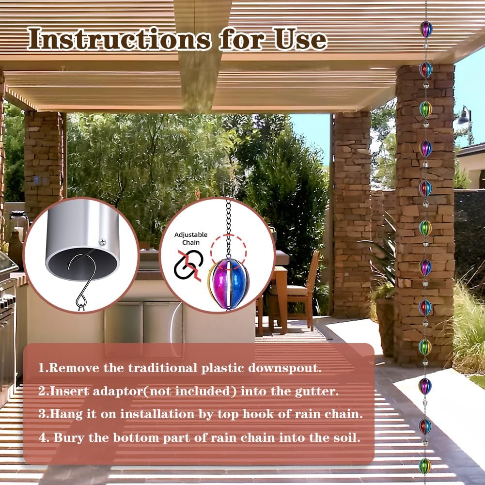 9.7 Ft Rain Chain, Hot Air Balloon Rain Chain for Gutters, 12 Cups Metal Rain Catcher Chain with Bell, Adjustable Length for Eaves Drainage, Replacement for Downspout