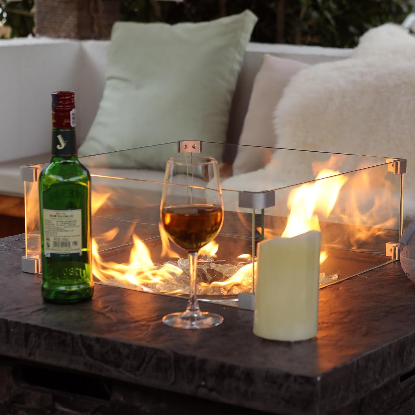 32" Outdoor Propane Fire Pit Table, Stone Fire Table Square Firepit w Glass Wind Guard(50,000 BTU), 2 Piece Slate Gas Fire Table in Deep Grey w Fire Glass, Rain Cover for Outside, Backyard