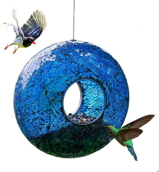 Fly Through Wild Bird Feeder Garden Hanging Bird Feeder Mosaic Circle Squirrel Proof for Outdoor Decoration,Blue