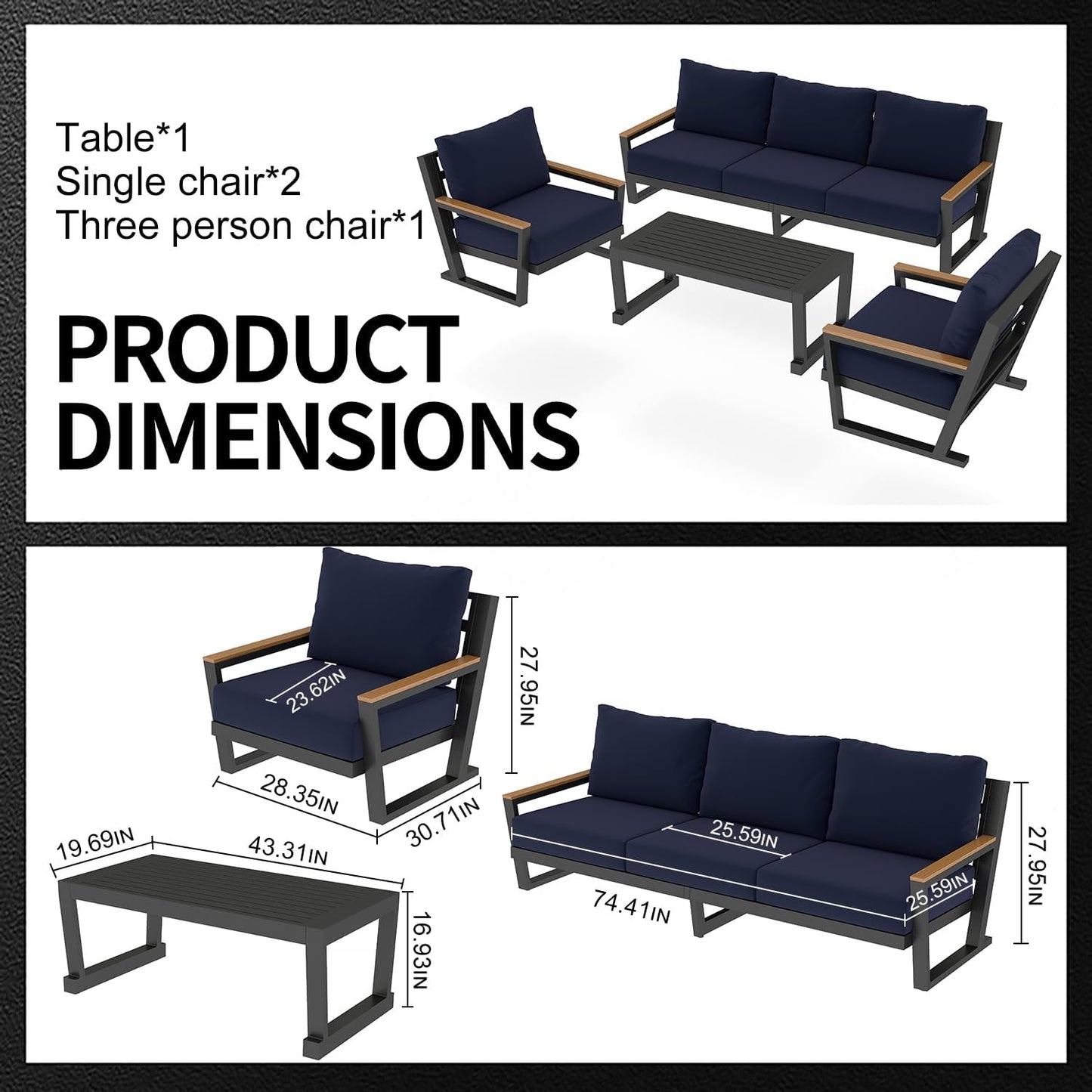 Aluminum Outdoor Sofa,4 Seats Modern Patio Furniture Set,Sectional Sofa Conversation Set with Coffee Table, Upgraded Washable Cushions for Garden Backyard,Blue