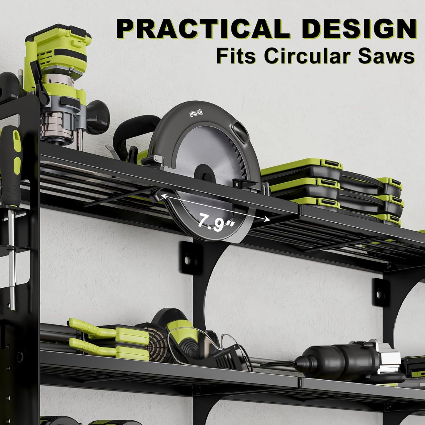 64" Power Tool Organizer Wall Mount, 16 Slots, 3-Tier Drill & Cordless Tool Storage Holder with Pegboard Sides, Tool Wall Organizer for Garage & Workshop Black