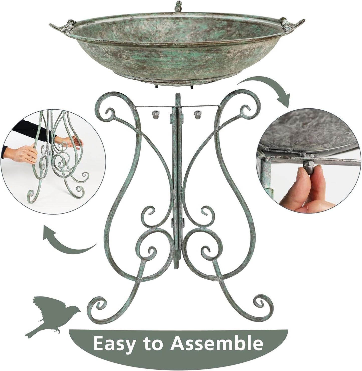 Solution4Patio 19.3" x 26.4" Vintage Metal Bird Bath for Outside - Foldable Garden Decor with Cast Iron Bird, Stable Birdbath Bowl & Feeder