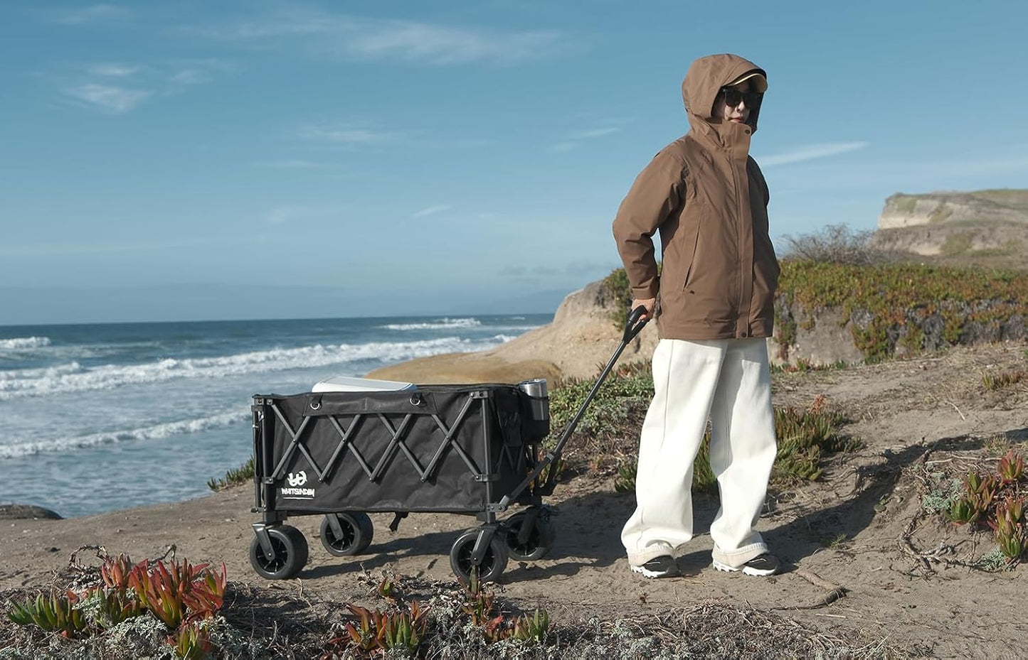 Whitsunday Collapsible Folding Wagon with Table,Heavy Duty Utility Beach Wagons with Opened Tailgate and All-Terrain Wheels for Camping,Garden,Sports Grey