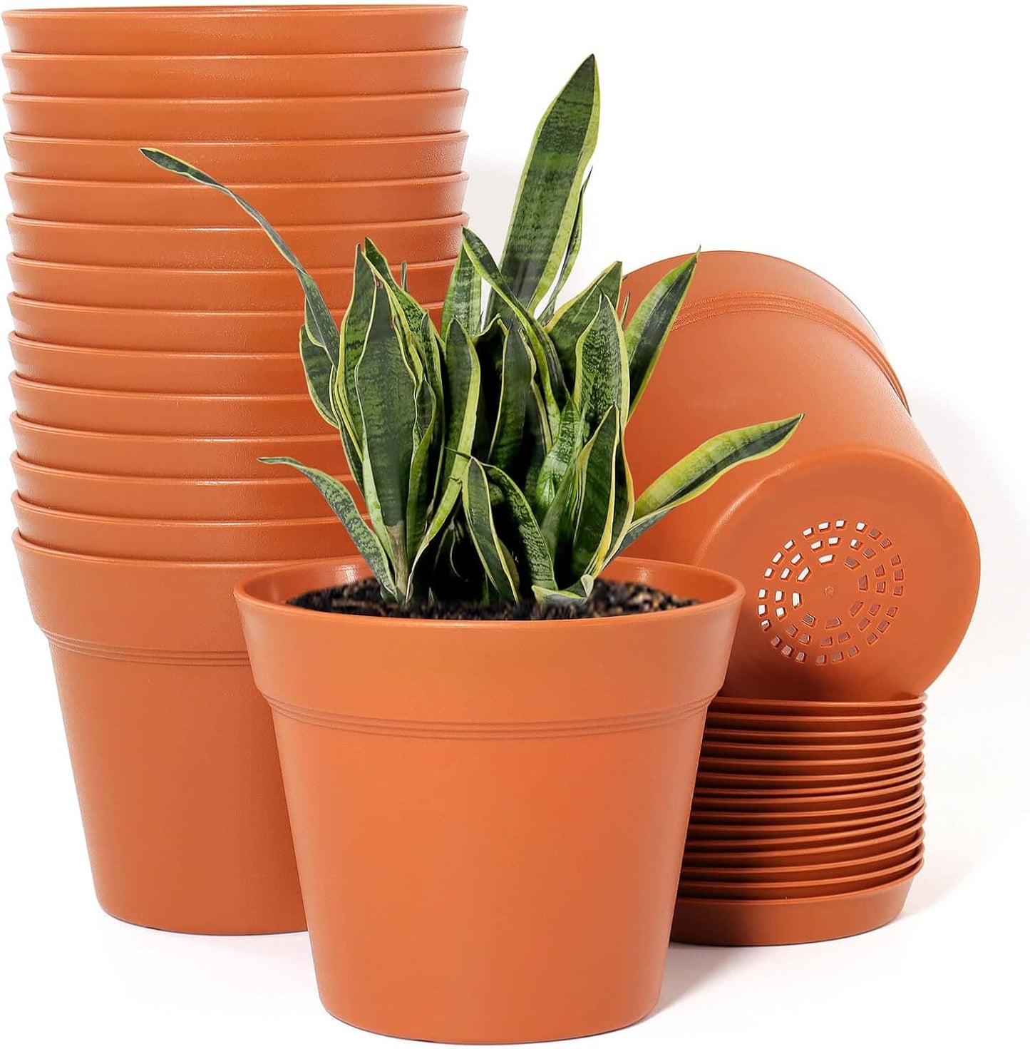 WOUSIWER 16 Pack 6 inch Plastic Planters, Plastic Indoor Planter Flower Pots, Heavy Duty and Stylish 6 Inch Plant Pots for Indoor Plants with Drainage Holes and Tray for Plants, Flowers, Terracotta