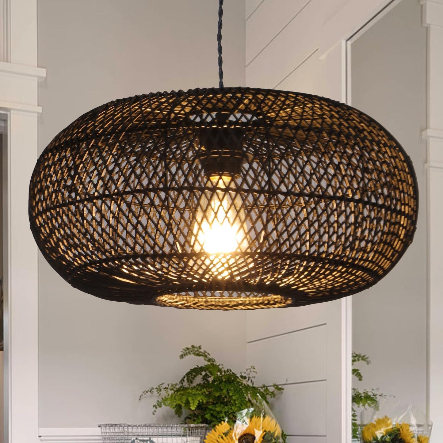 Rattan Pendant Light 15.75" 1-Light Hand-Woven Bamboo Rattan Hanging Lamp Large Globe Wicker Chandelier Modern Bohemian Adjustable Pendant Lamp for Kitchen Island Farmhouse Outdoor Porch Black.…