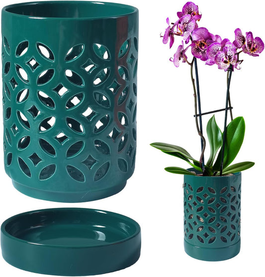 Orchid Pot 4 Inch, Orchid Pots with Holes & Saucers for Repotting, Breathable Slotted Orchid Pots Flower Plant Nursery Pot Green