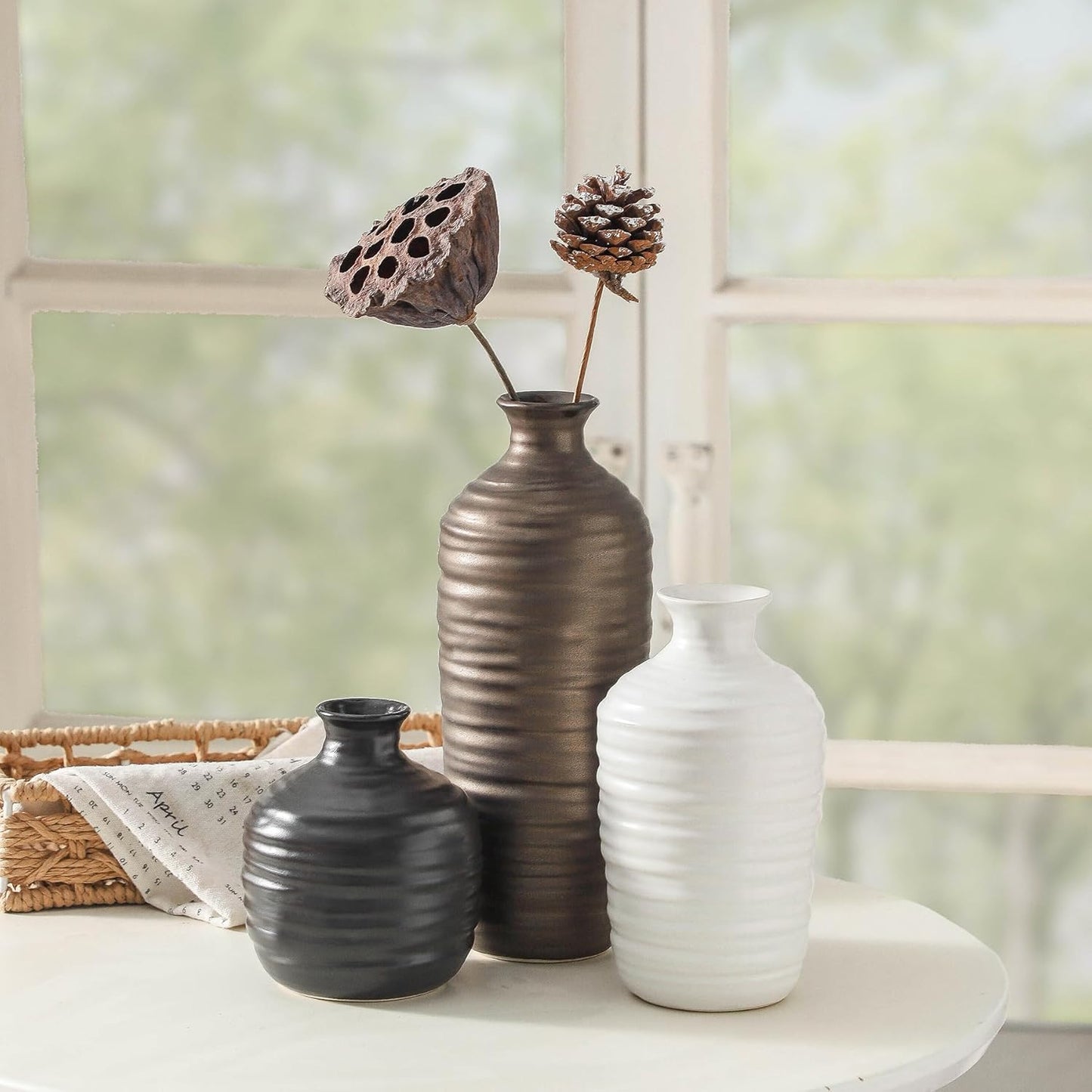 Ceramic Vase Set of 3 Neutral Decorative Vase for Farmhouse, Boho, or Rustic Home Decor Pottery Vases for Living Room Bathroom Table Mantel Fireplace Entryway Shelf (01-Metallic)