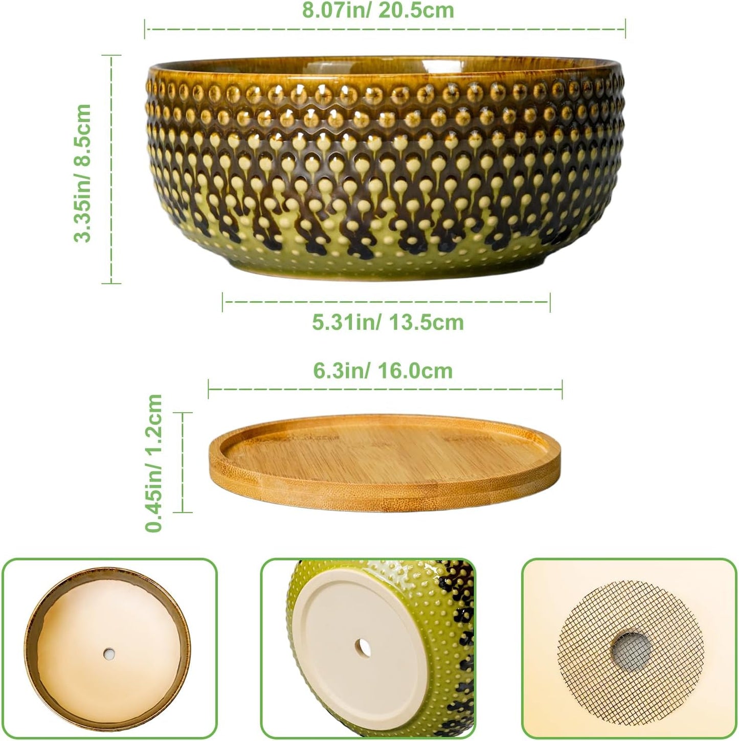 Bonsai Pots 8 Inch - Ceramic Planter for Indoor Plants, Succulent Pots with Drainage Hole and Plant Tray, Modern Round Decorative Flower Planters, Home Decor, Brown & Green