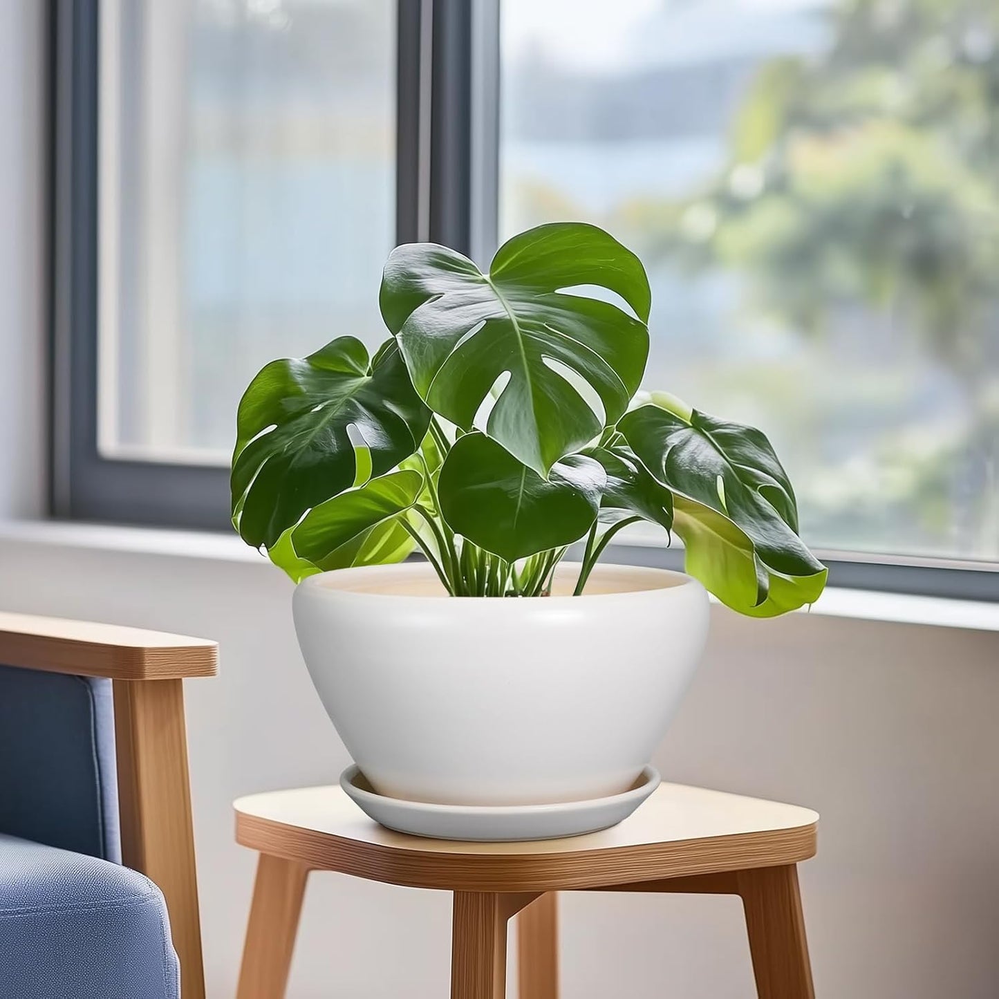 Ceramic Planter - 9 Inch Plant Pot Indoor with Drainage Hole and Saucer for Outdoor Plants Mid-Century Round Planter Modern Flower Pot for House Garden White