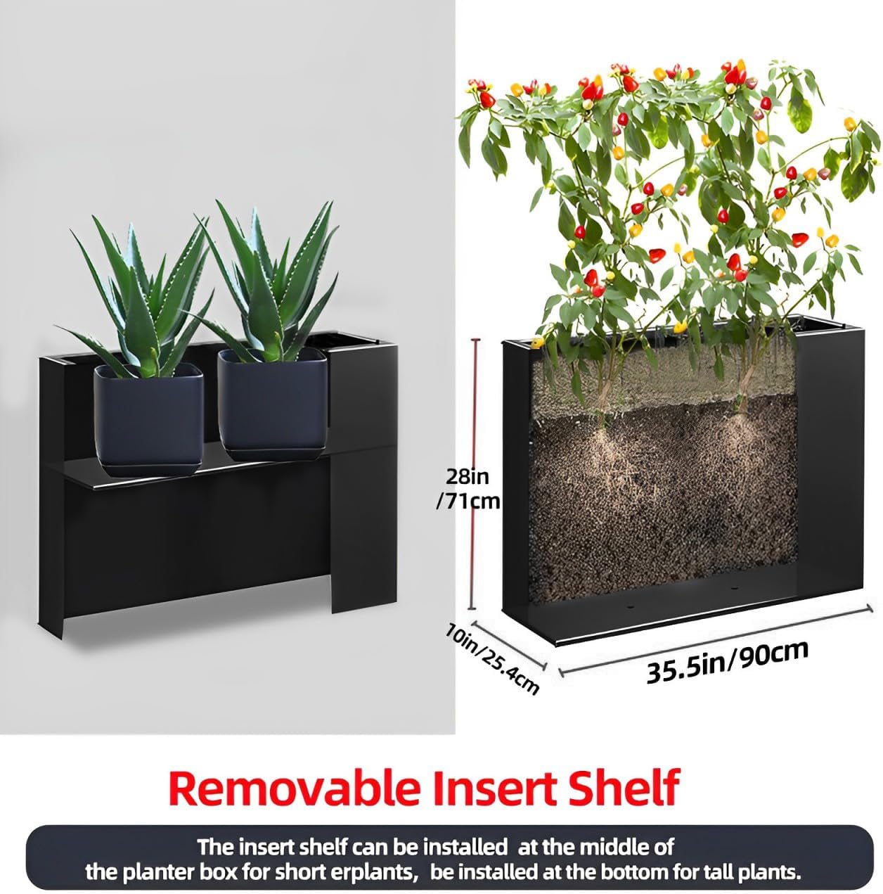 Metal Tall Long Planter Box Large Rectangular Planter Flower Pot with Drainage Holes for Indoor Outdoor Deck Porch Garden Home Patio Front Door (Black, M)