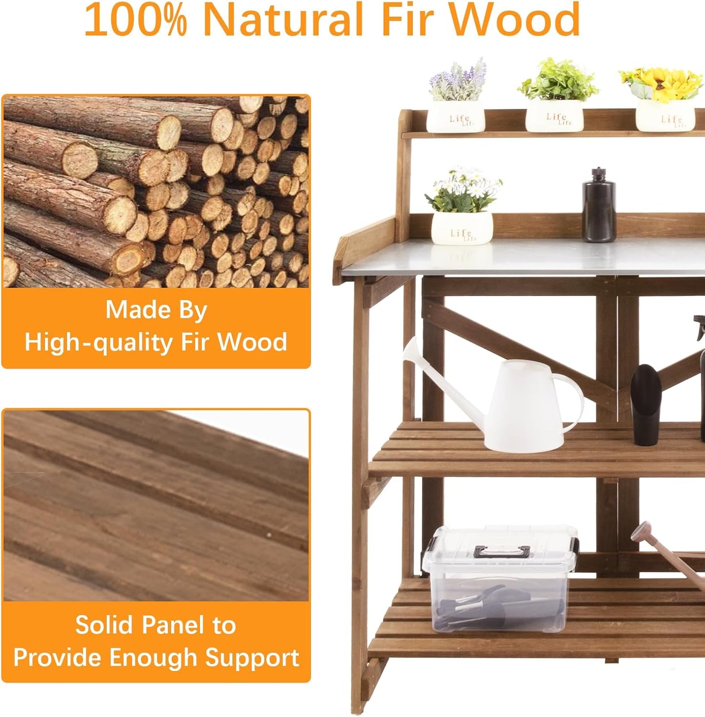 Folding Potting Bench Table,Outdoor Potting Bench Garden Wooden Potting Table,Fir Wood Workstation Planting Table with Galvanized Tabletop,2 Tier Storage Shelves,Top Shelf(Brown)