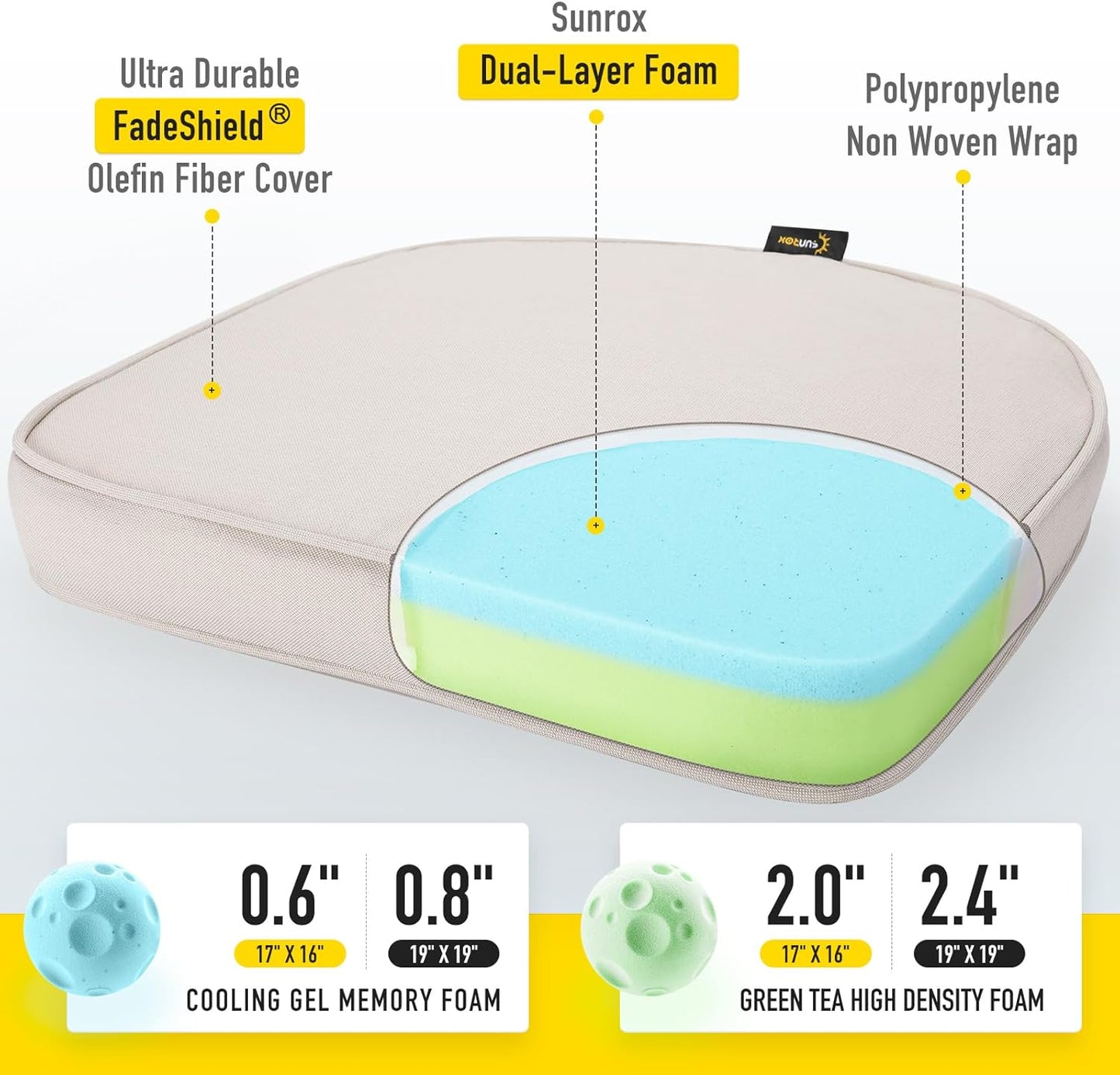 SUNROX Gel Memory Foam Chair Cushions, FadeShield Water-, Stain-Resistant Durable Reversible Seat Cushion Pads with Ties for Indoor/Outdoor Kitchen Dining Office, 19"x19", Set of 4, Cream