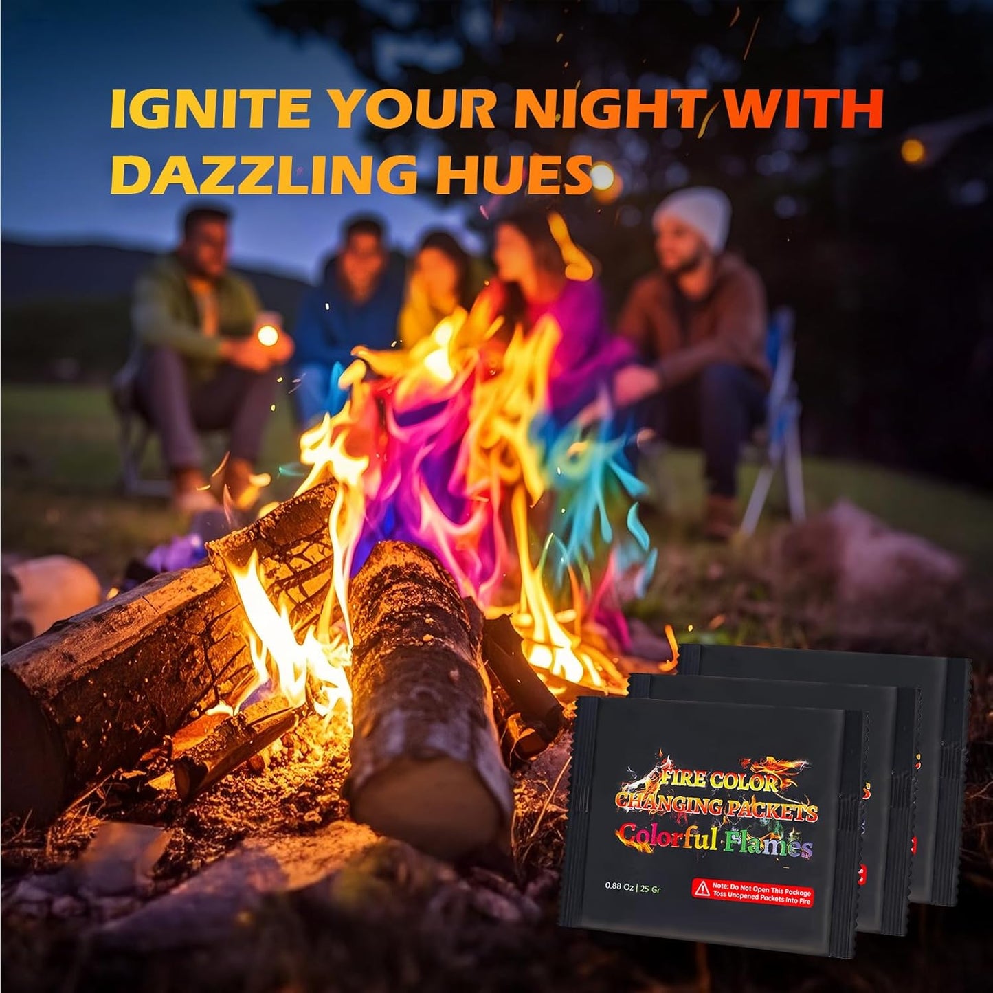 Fire Color Changing Packets for Fire Pit, Campfires, Outdoor Fireplaces, Bonfire - Camping Essentials for Kids & Adults, Camping Accessories Magical Colorful Flames, 25 Pack