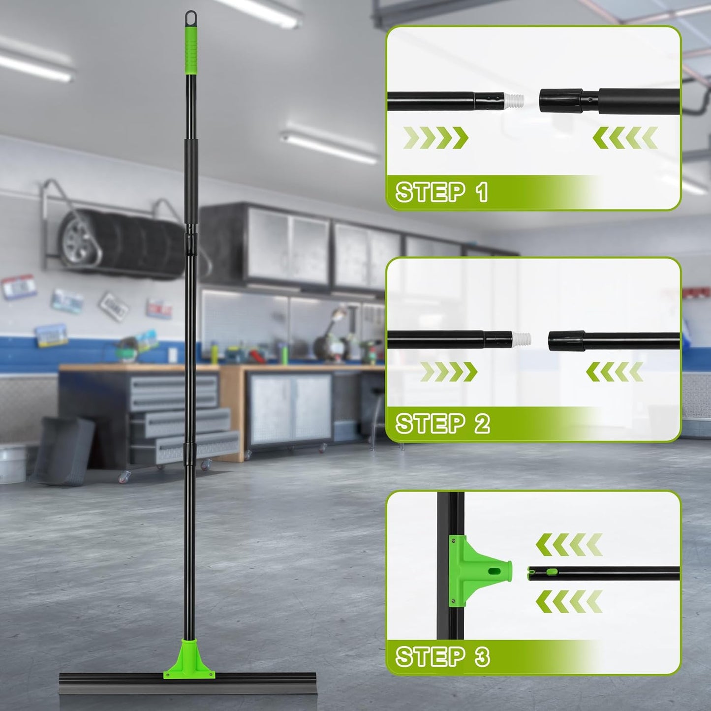 Rubber Floor Squeegee with 24” Heavy Duty Silicone Rubber Scraper Head and 60” Long Adjustable Handle, Shower Squeegees for Concrete Floor, on Multi-Surface Tile Glass Pool Garage Cleaning