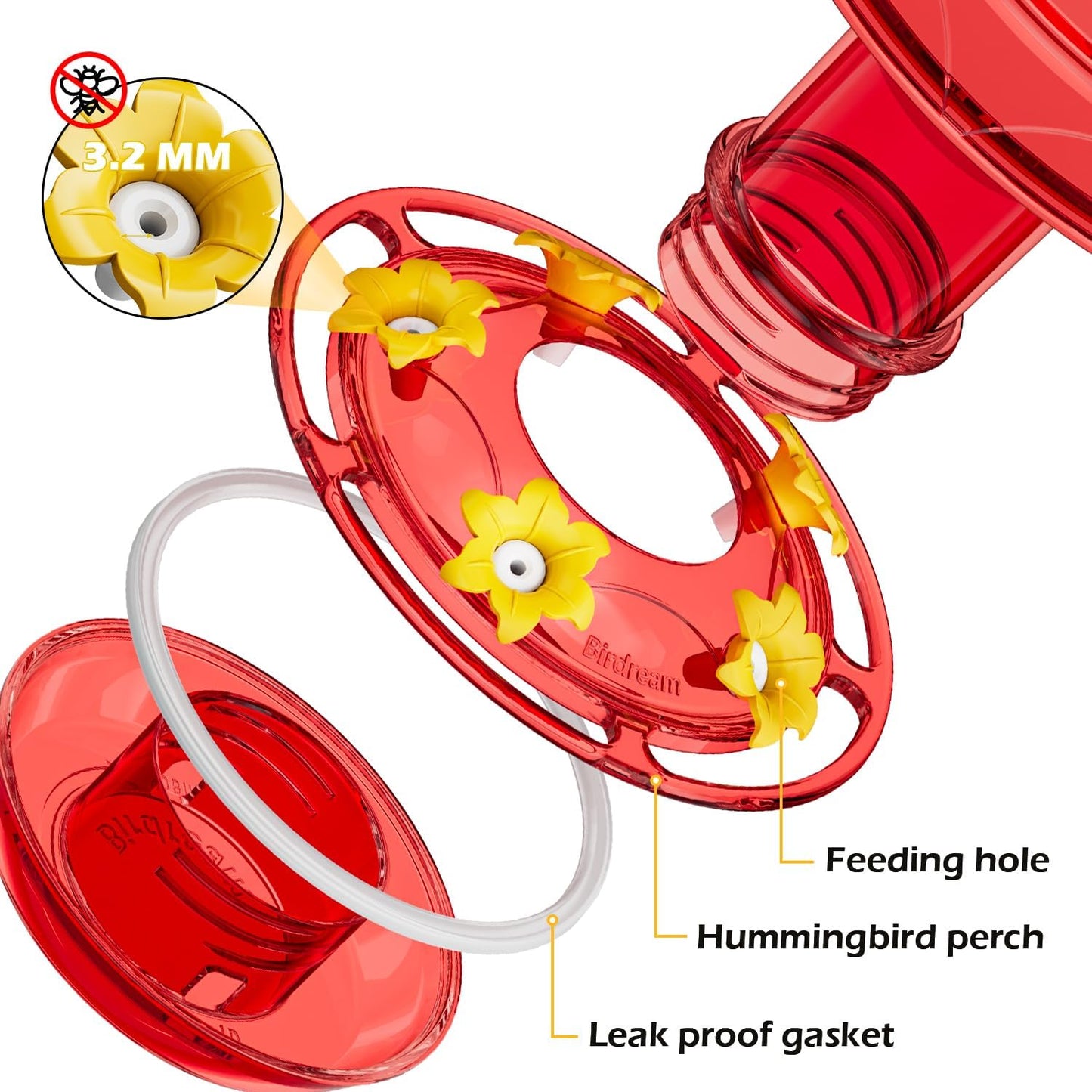 Birdream Hummingbird Feeder for Outdoors Hanging, 20oz Hummingbird Feeders with 5 Bee Guard Feeding Ports & Built-in Ant Moat Brush Leak-Proof for Outside Gifts for Women - Solid Red