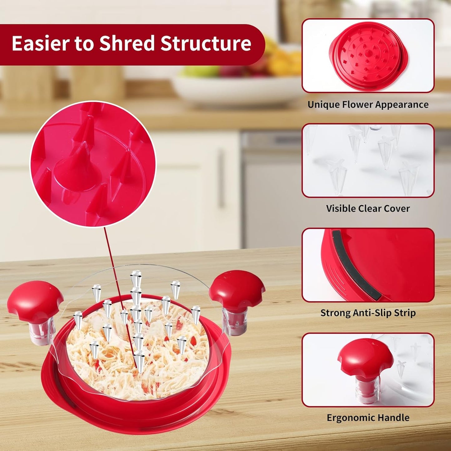 SurpOxyLoc Chicken Shredder Large Chicken Breast Shredder Tool Twist,Visible Meat Chicken Shredder,Anti-Slip Strip,BPA Free,Suitable for Pork Beef Chicken(Red)