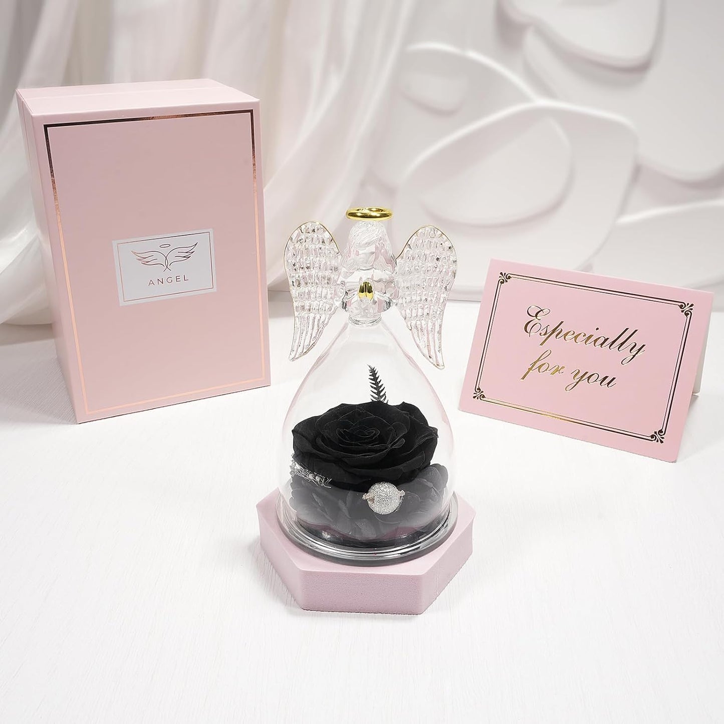 Yamonic Mom Birthday Gifts for Mom, Angel Figurines with Real Rose Gifts for Her Mom Grandma,Preserved Rose Angel Figurines for Women, Mothers Day Christmas Valentine's Day Gifts for Women (Black)