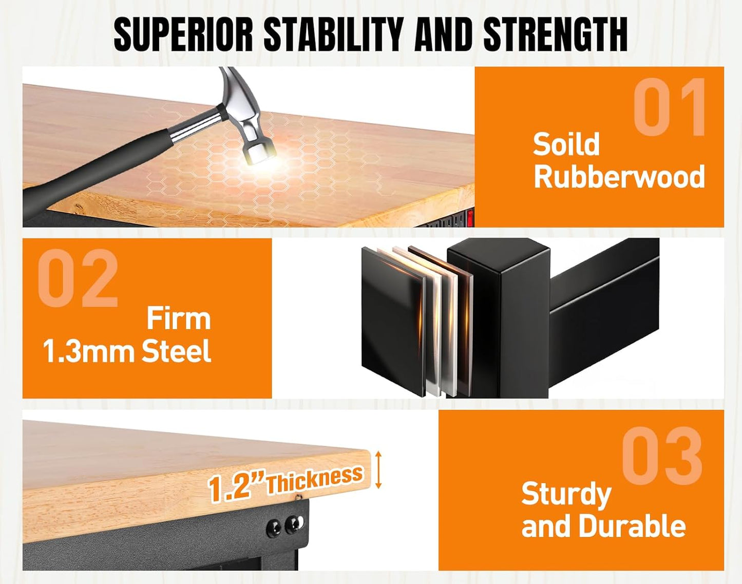 MUWOOD 72” Adjustable Height Workbench, 5000 LBS Heavy Duty Table Rubber Wood Workstation with Power Outlet & Pegboard for Garage, Office, Workshop, Home,Commercial