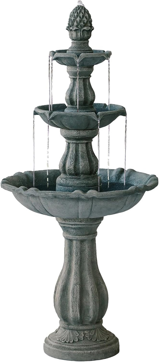 XBrand 3-Tier Freestanding Waterfall Fountain w/Pump & Pineapple Top, 51 Inch Tall, Grey, Large Outdoor Garden Fountain, Ideal for Garden, Porch, and Lawn