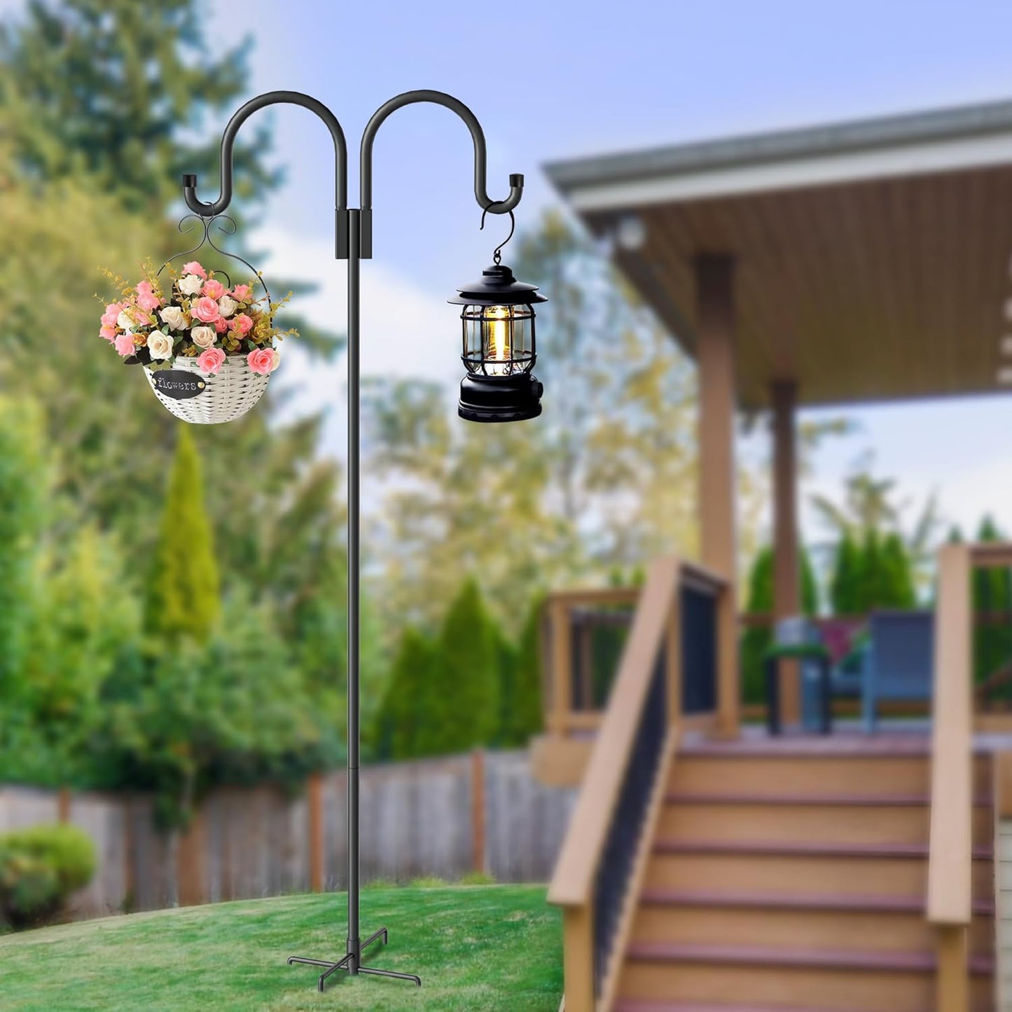 Double Shepherds Hooks for Outdoor, 2 Pack 63 Inch Bird Feeder Pole Hanger with 5 Prongs Base, Heavy Duty Bird Feeder Garden Hook for Hanging Plant, Lantern, Hummingbird Feeder