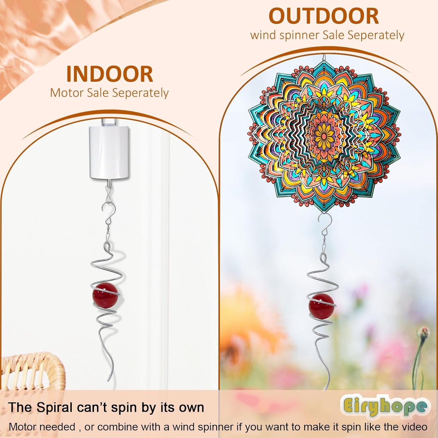 Gazing Ball Spiral Tail with Red Glass Orb - 13" Wind Spinner Stabilizer with Swivel Hook, Hanging Decor for Indoor Outdoor Garden Decor Rotating Art Ornament Christmas Décor & Unique Gift