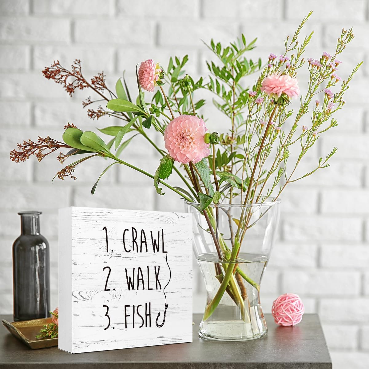 White Crawl Walk Fish Rustic Wooden Sign Desk Decor, Funny Baby Fishing Wood Block Sign for Home Bedroom Baby Room Shelf Table