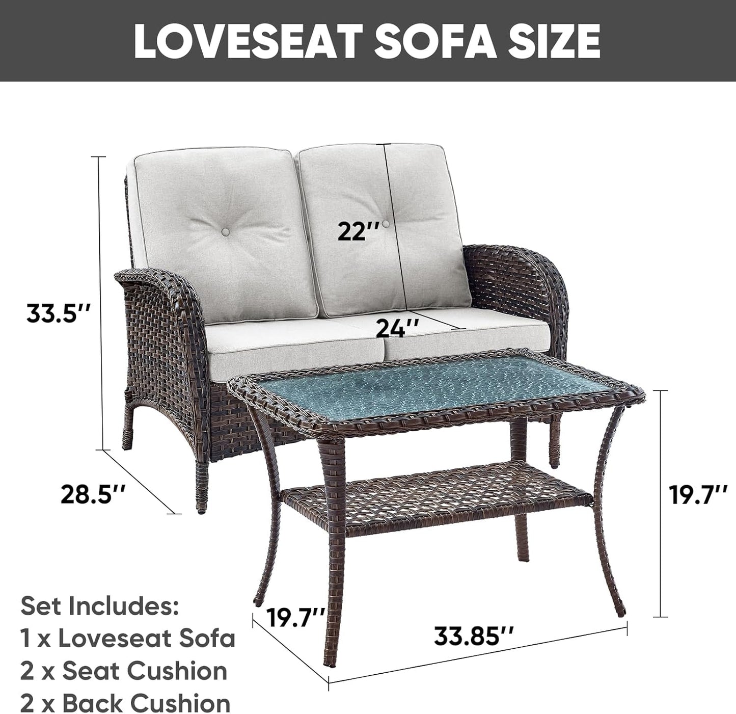 HUMMUH Outdoor Loveseat Sofa 2-Seat PE Wicker Outdoor Couch with Coffee Table, Deep Seat High Back Patio Furniture for Patio, Garden, Porch, Deck (Beige)