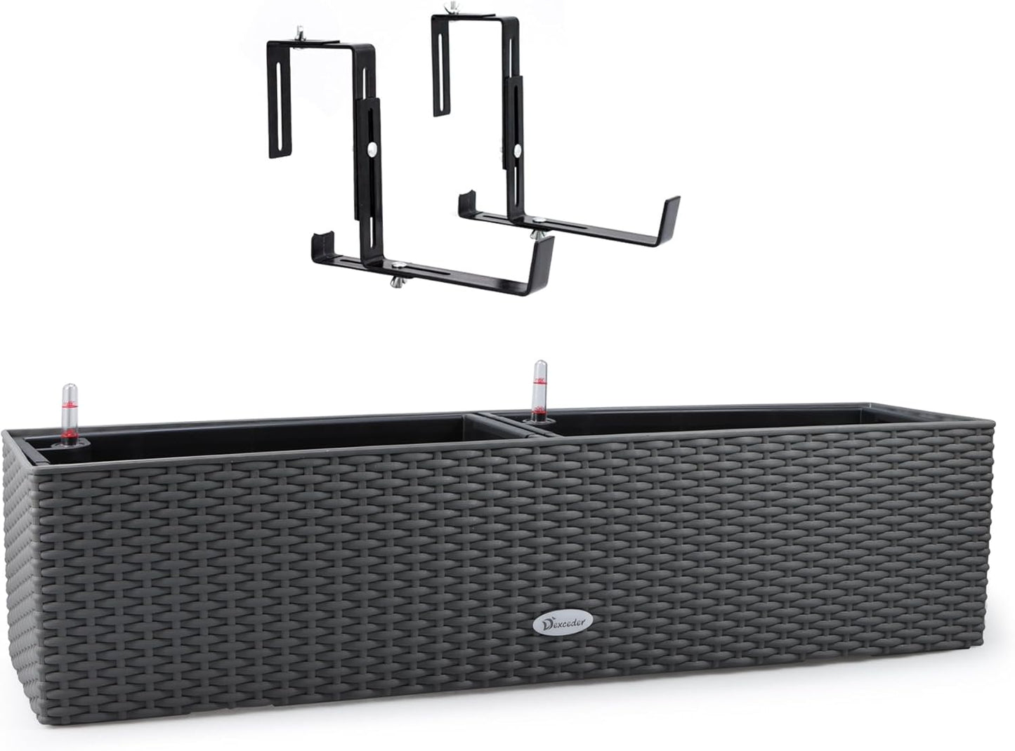 Dexceder 31.5 Inch Rattan Self Watering Planter Indoor Outdoor, Thickened Large Rail Flower Plant Pot Window Box with Water Level Indicators & Bracket (Deep Gray)