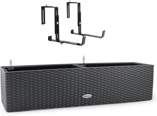 Dexceder 31.5 Inch Rattan Self Watering Planter Indoor Outdoor, Thickened Large Rail Flower Plant Pot Window Box with Water Level Indicators & Bracket (Deep Gray)