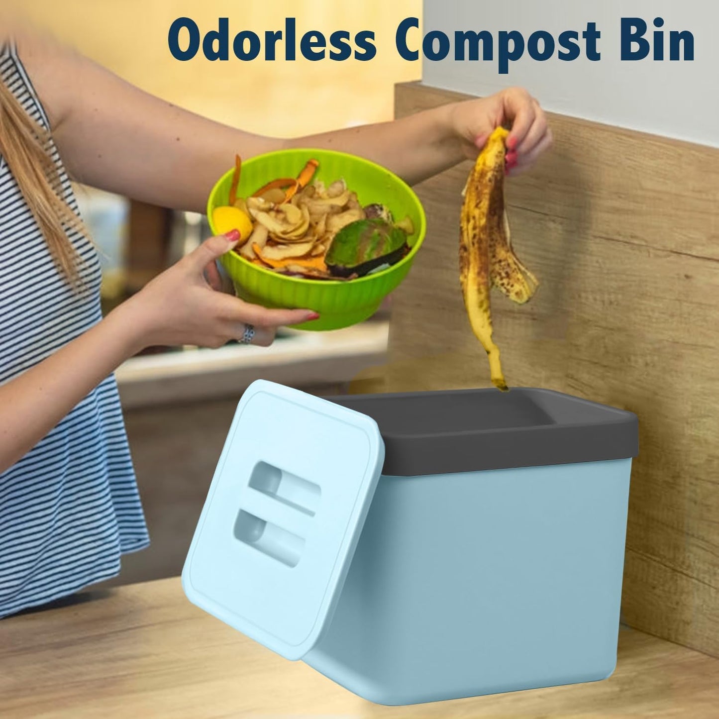Compost Bin Kitchen, LALASTAR 7L Wall-Mounted Under Sink Small Garbage Can for Kitchen, Odor-Free Food Waste Basket Bin, 1.8 Gallons, Blue