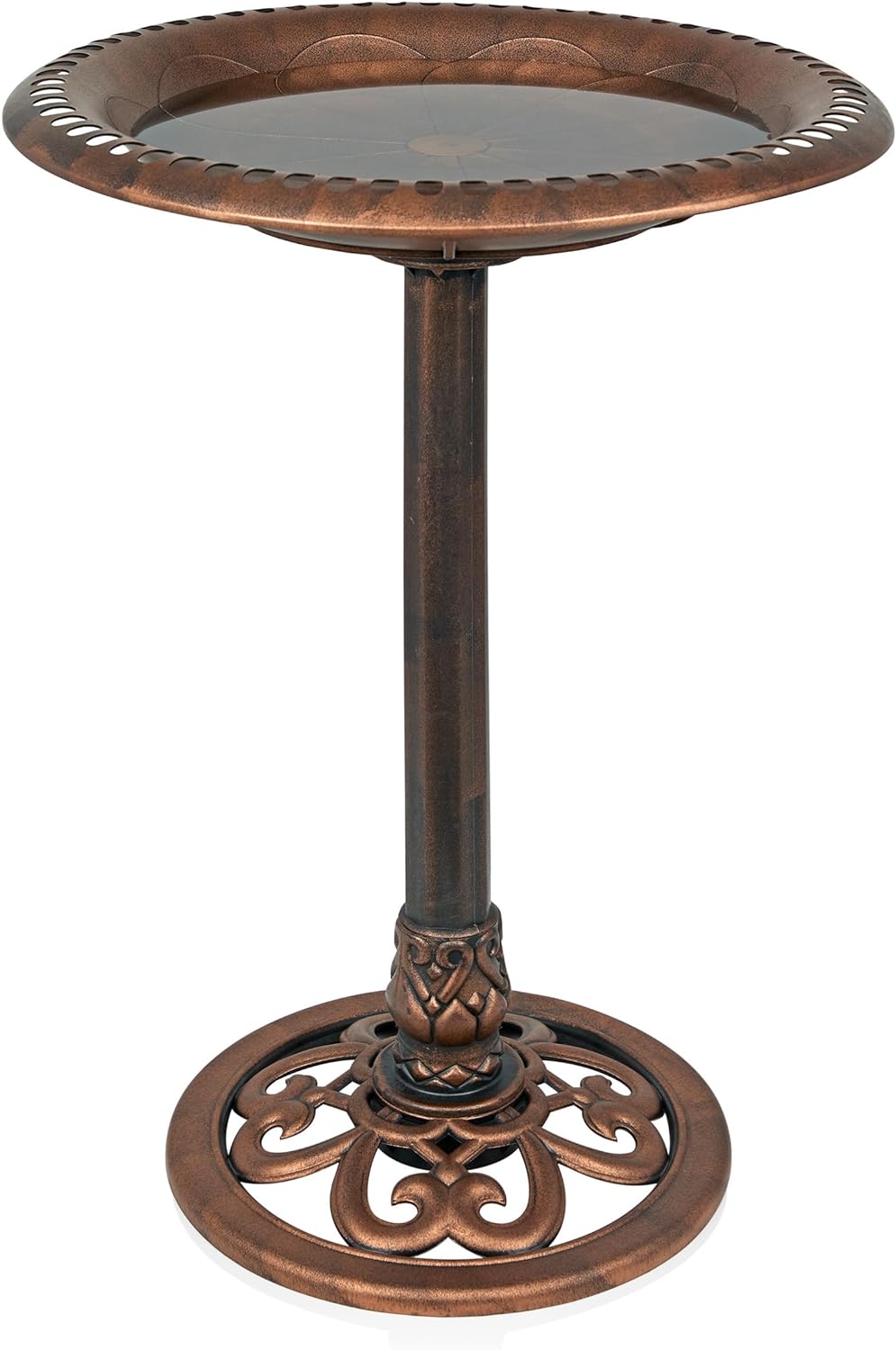 Alpine Corporation TEC116BZ Outdoor Pedestal Birdbath w/Scrollwork Base and Stakes, Elegant Garden Birdbath, 28" H, Bronze
