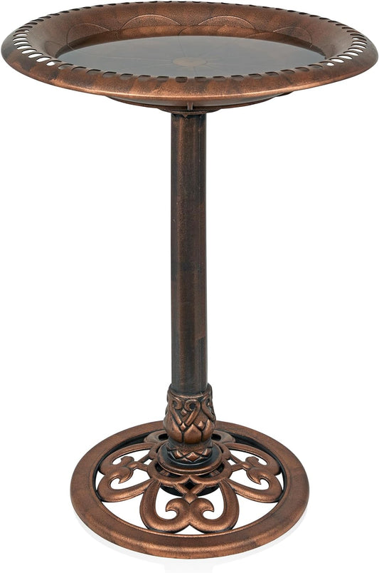 Alpine Corporation TEC116BZ Outdoor Pedestal Birdbath w/Scrollwork Base and Stakes, Elegant Garden Birdbath, 28" H, Bronze