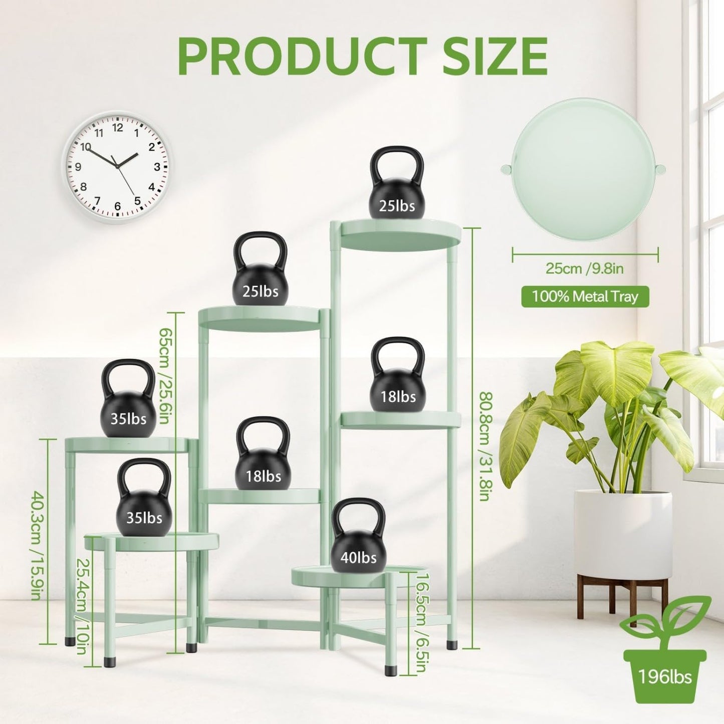 iDavosic.ly 7 Tier Large Plant Stand Indoor, 10 Inch Wide Tall Corner Metal Plant Stands Outdoor for Multiple Plants, Folding Tiered Flower Display Holder Rack Shelf, Light Green