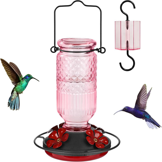 FEED GARDEN Glass Hummingbird Feeders for Outdoors, 16 OZ Pink Hummingbird Feeder with 4 Bee Guard Feeding Ports & Built-in Ant Moat, Humming Bird Feeder, Gifts for Women Mom,1 Pack