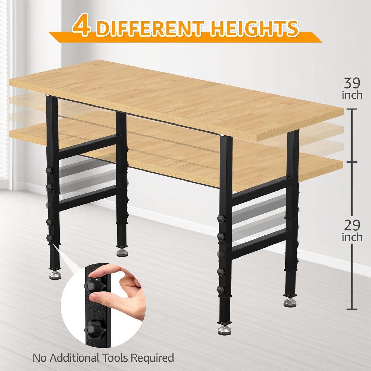 60" Adjustable Workbench,Heavy-Duty Work Table,3000 LBS Load Capacity Particleboard Hardwood Workstation with Fixed feet,for Workshop, Garage