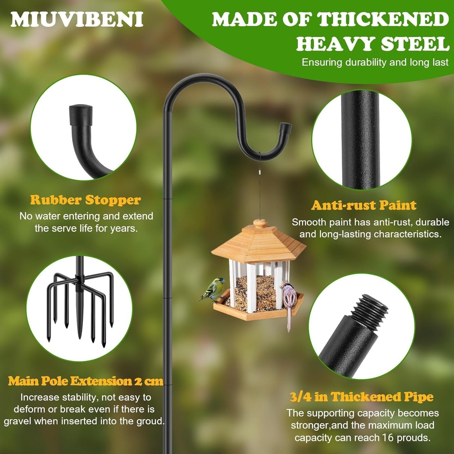 84" Shepherds Hooks for Outdoor with 7 Prongs Base, Heavy Duty Bird Feeder Pole for Hanging Lantern, Hummingbird Feeder, Shepherds Hook for Bird Feeders for Outside,1 Pack, Black