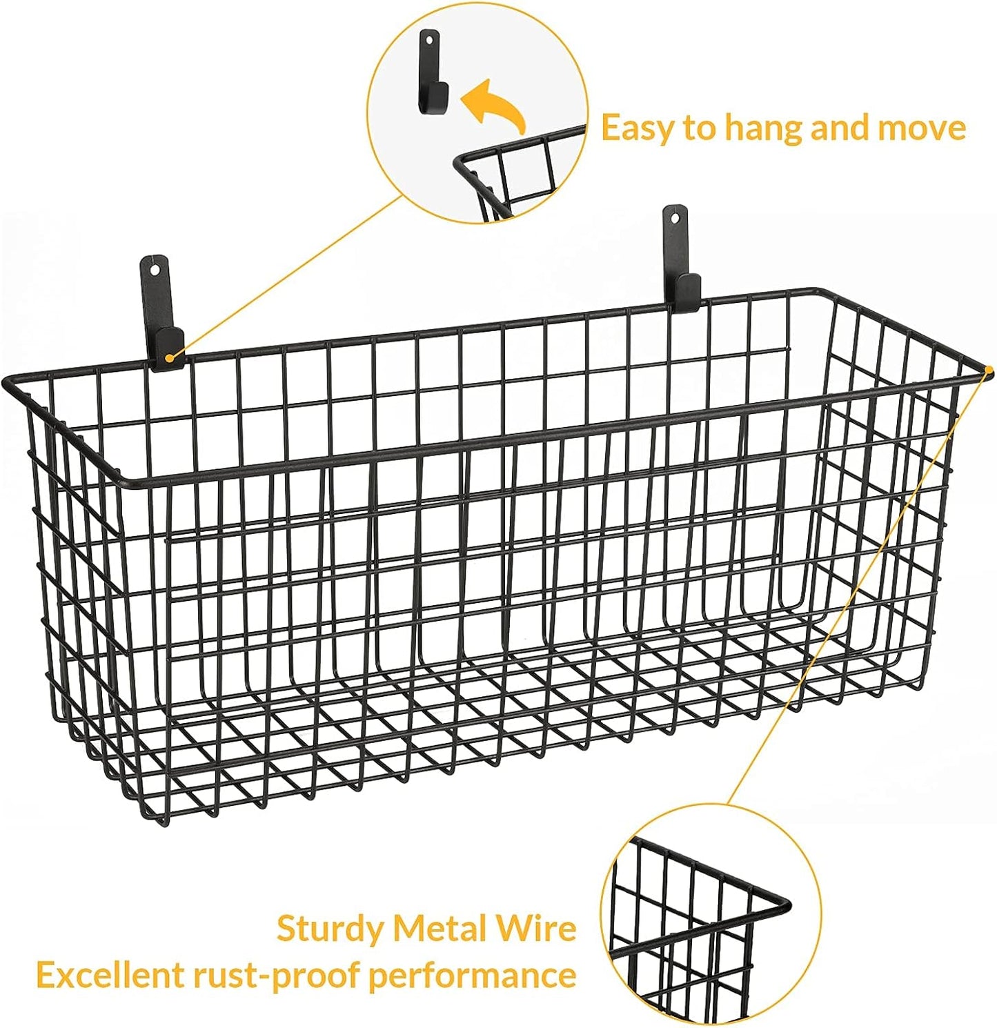 2 Sets Extra Large Hanging Wall Basket, Black Metal Wire Baskets with Steel Hooks for Organizing, WallmountedFruit Vegetable Toy Snack Storage, Home Kitchen Bathroom Laundry Pantry Organizer