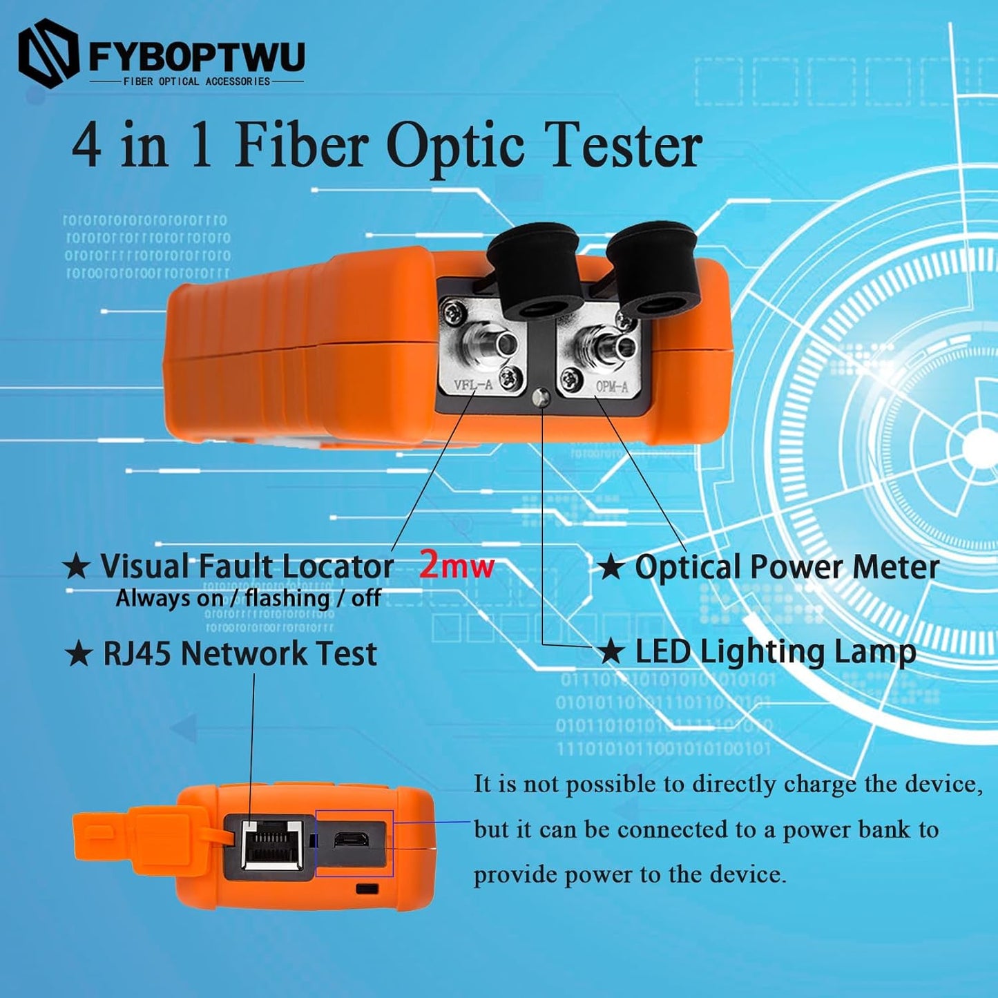 4 in 1 Function Fiber Optic Tester Portable Optical Power Meter (FC/SC/ST) & VFL 2mw Visual Fault Locator & LED & RJ45 Network Test, OPM & VFL, Range: (-70) dBm ~ (+6) dBm，2pcs