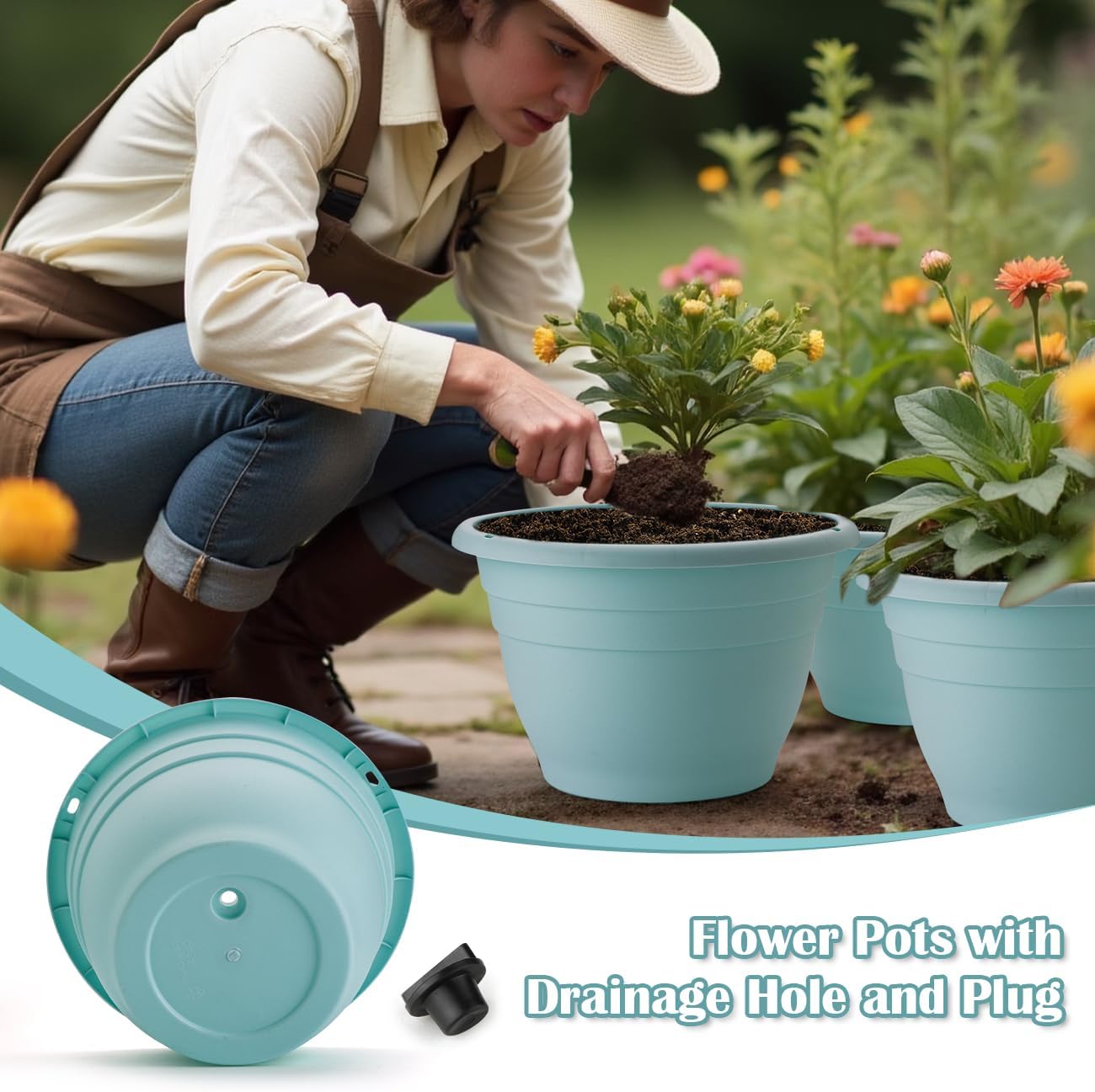 3 Pack 11 Inch Plant Pots with Drainage Hole and Plug, Durable Plastic Flower Pots for Indoor & Outdoor Plants, Elegant Mordern Plant Pots Perfect for Herbs, Flowers & Succulents, Blue